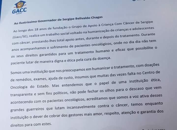 Confira na íntegra a carta que o GACC entregou ao governador Belivaldo Chagas